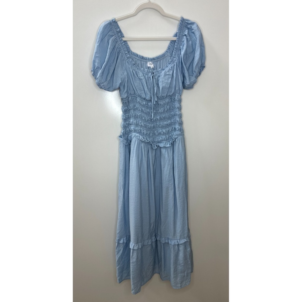 LE LIS Light Blue Smocked Puff Sleeve Midi Dress M Milkmaid Cottagecore Coquette - Picture 2 of 16